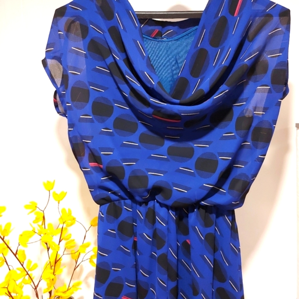 80s Cowl-neck Electric Blue Geometric Print Dress